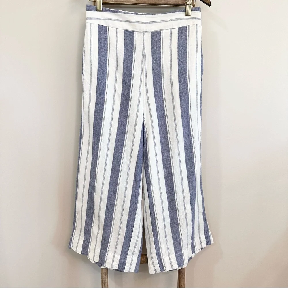Madewell Huston Linen Blend Stripe Pull On Crop Pant Blue/White Size Med… - Picture 2 of 16